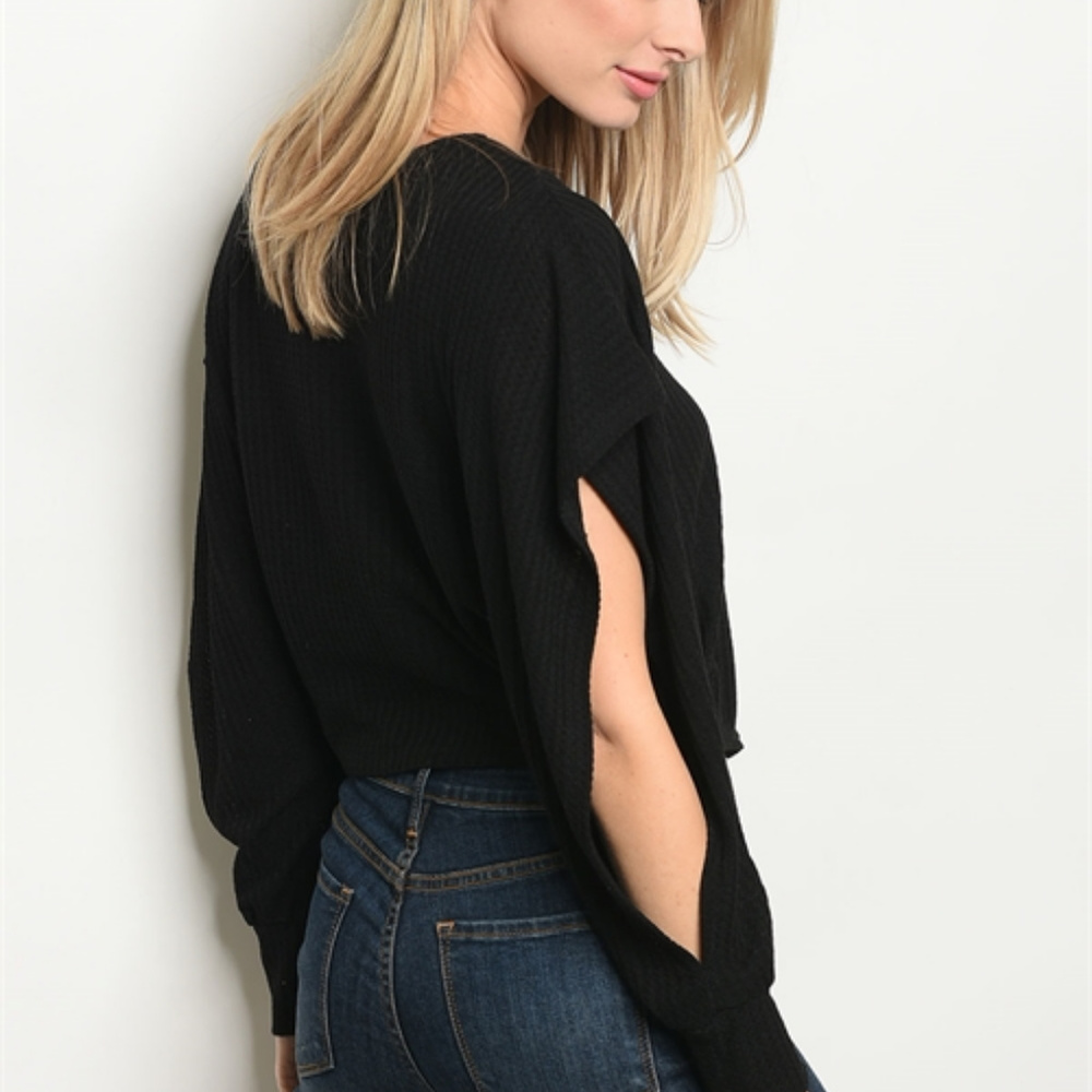 Long slit sleeve ruffled knit sweater top. - Picture 3 of 3